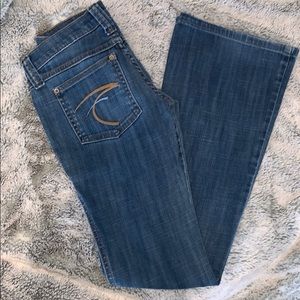 Frankie B. Women's Flare Jeans in Medium Blue with Tan Accent